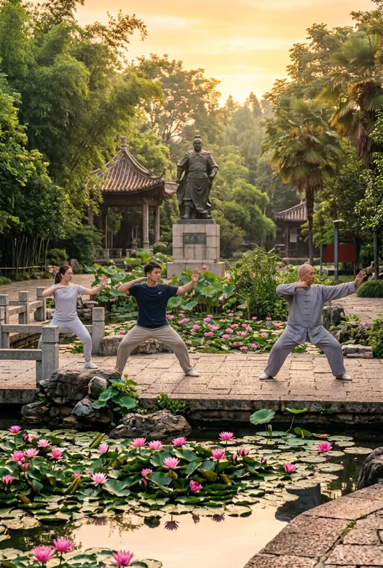 Trois personnes pratiquent des exercices de Qi Gong dans un jardin avec des nénuphars, des arbres et une statue du général Yue Fei en arrière-plan.